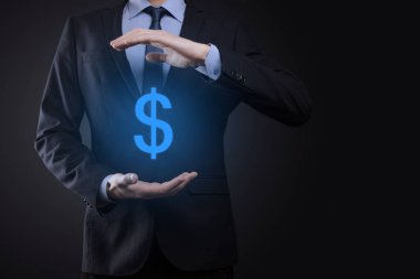 İş adamlarıyla başarılı uluslararası finansal simge sinvestment konsepti büyüme, grafikler ve dolar işareti, dijital teknoloji gösteriyor.