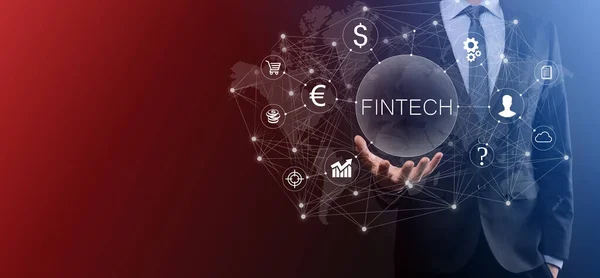 Homme Affaires Détient Fintech Concept Technologie Financière Paiement Bancaire Investissement — Photo