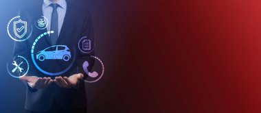 Araba ikonu tutan adamın dijital bileşimi. Araba sigortası ve araba servisi konsepti. Bir jest ve araba ikonu sunan bir iş adamı.
