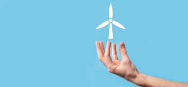 Mavi arka planda çevresel enerji üreten bir yel değirmeni ikonu.