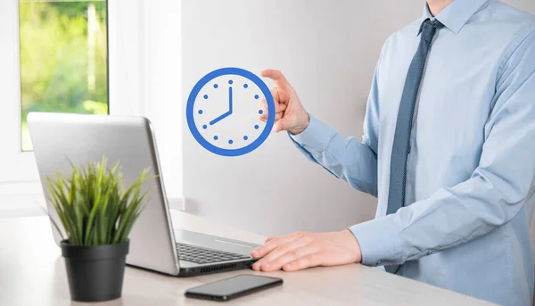 Businessman Hand Holds Icon Hours Clock Arrow Rapid Execution Work — Stock Photo, Image