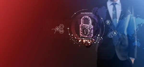 サイバーセキュリティネットワーク 南京錠のアイコンとインターネット技術ネットワーキング ビジネスマンは タブレットや仮想インターフェイス上のデータ個人情報を保護します データ保護プライバシーコンセプト Gdpr — ストック写真