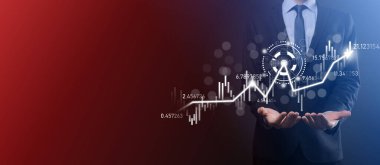 Eldeki iş adamı bankacılık işletme finans grafiği ve borsa yatırım noktası, ekonomik büyüme ve yatırımcı konseptine yatırım yapıyor. Analiz sanal borsa grafiği, teknoloji kullanarak analiz edilir.