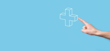 3D artı ikon, elde tutulan adam kar, fayda, gelişme, artı işareti ile temsil edilen CSR gibi olumlu şeyler sunar..