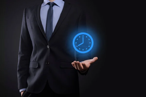 Businessman Hand Holds Icon Hours Clock Arrow Rapid Execution Work — Stock Photo, Image