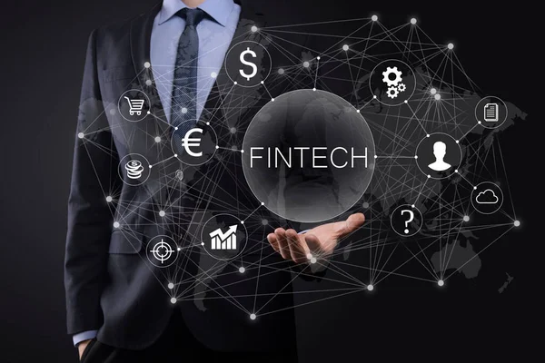 Homme Affaires Détient Fintech Concept Technologie Financière Paiement Bancaire Investissement — Photo