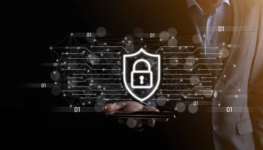 İş adamı gizler, kullanır ve topluluk teknolojisinin dijital bilgi simgesini basar. Yüksek teknoloji ve büyük veri kavramı. Küresel bağlantı. Şeylerin interneti. ICT Bilgi İletişim Ağı