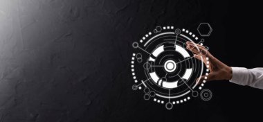 Eldeki işadamı bankacılık işletme finans şeması ve borsa yatırım noktası, ekonomik büyüme ve yatırımcı konseptine yatırım yapıyor. Sanal borsa analizi, teknoloji kullanarak analiz ediliyor.