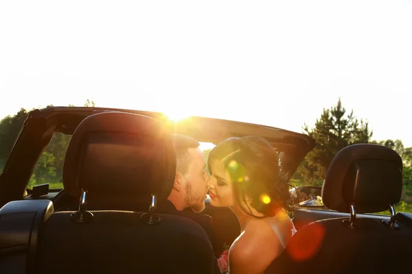 Novios. Joven pareja de novios disfrutando de momentos románticos fuera en un prado de verano. Feliz novia y novio en su boda. Elegante hermosa novia y novio feliz, celebraciones de la boda —  Fotos de Stock