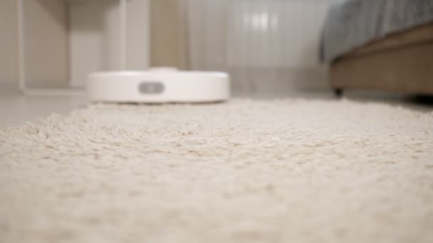 Aspirador de pó robô branco limpa tapete de pilha longa close-up — Vídeo de Stock