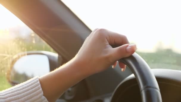 Close-up van vrouwenhanden op het stuur van een auto — Stockvideo