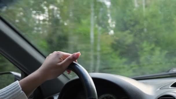 Sürücü bir arabanın direksiyonundaki kadın ellerinin yakın çekimi. — Stok video