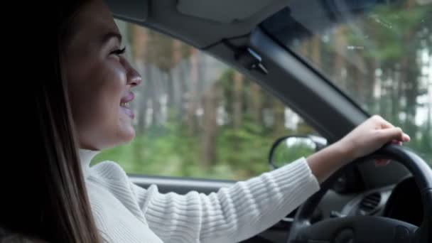 Joyful lady with loose hair smiles driving new automobile — Stock Video