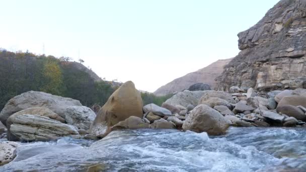 河岸上有大石头的山河流过山谷 — 图库视频影像