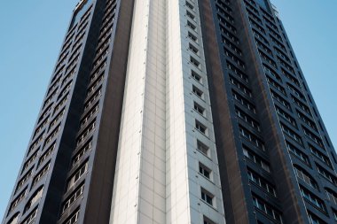 Açık gökyüzüne karşı siyah beyaz uzun bir bina.