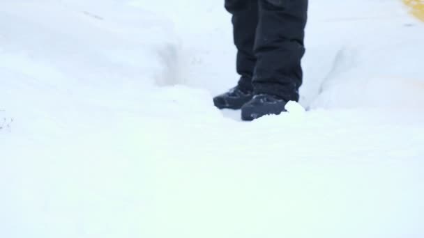 Hombre irreconocible limpia el sendero de la nieve con una pala — Vídeos de Stock