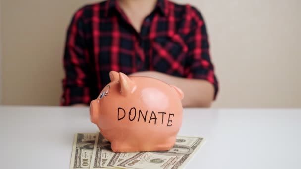 Sparschwein mit Spendenaufschrift steht auf Dollarscheinen — Stockvideo