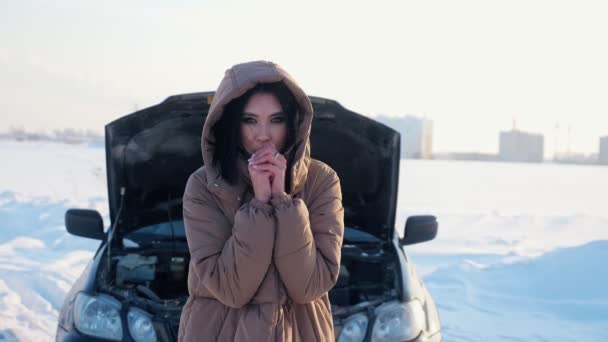 따뜻 한 옷을 입은 냉랭 한 여자가 고장난 자동차 옆에서 있다 — 비디오