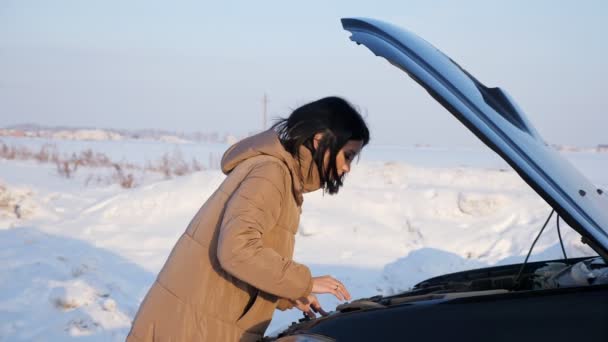 Lady kijkt naar de motor van gebroken auto op besneeuwde weg — Stockvideo