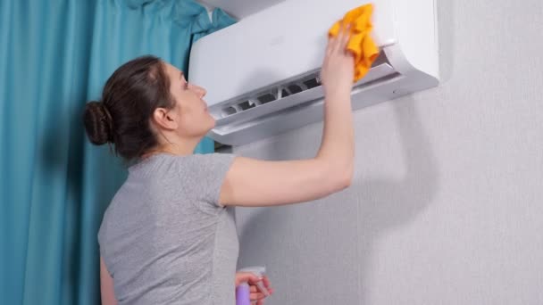 Mujer rocía agua sobre tela y limpia el aire acondicionado — Vídeos de Stock