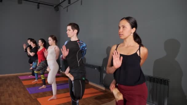 Bir grup insan yoga dersinde tek ayak üstünde asana dansı yapıyor. — Stok video