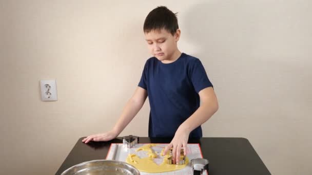 Boy cuts different shapes from the dough for cookies — Stock Video