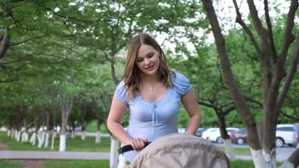 Usmívající se blondýna dáma v modrých šatech ukolébavky dítě rolování buggy — Stock video