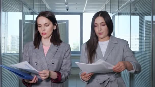女士忙着穿灰色夹克的财务总监与经理交谈 — 图库视频影像
