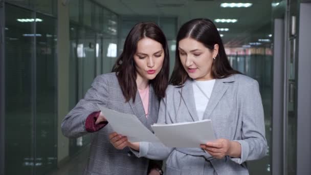 Sikeres női vállalati vezetők kabátban megvitatják a jelentést — Stock videók