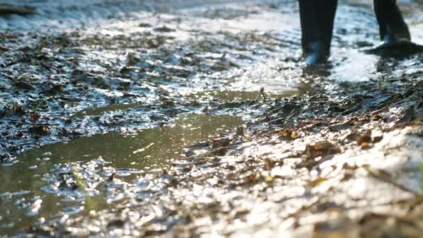 ゴム製のブーツを履いて湿地を歩く男性の足のクローズアップ — ストック動画