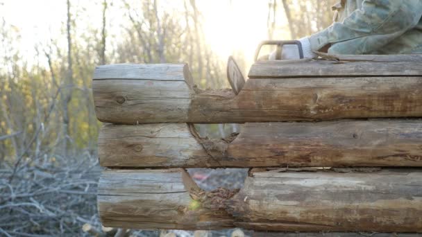 Unrecognizable man cuts an old wooden blockhouse with a chainsaw, sunlight — Stock Video