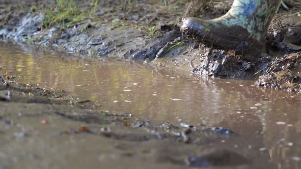 Mujer irreconocible pasos en botas de goma en un charco fangoso, cámara lenta — Vídeo de stock