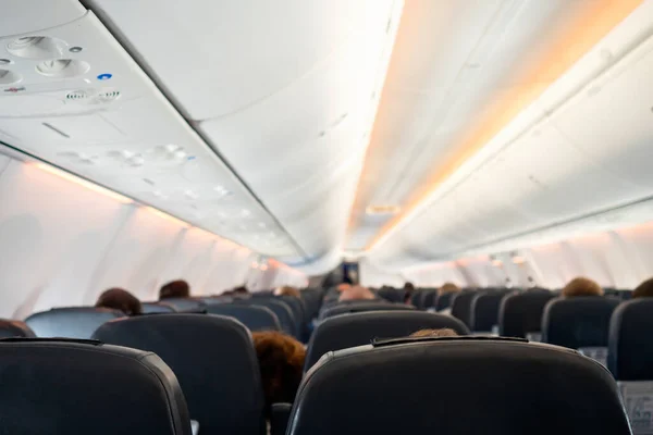 Passengers Inside the cabin of aircraft sitting on the chairs during the flight