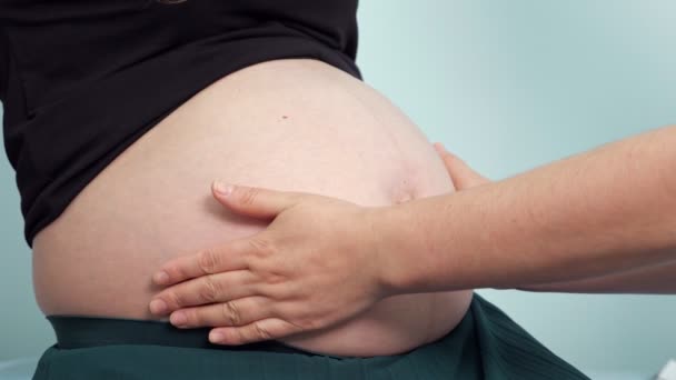 Врач проверяет беременную женщину большой животик в клинике — стоковое видео