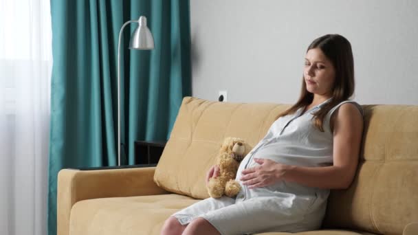 Молодая беременная женщина гладит живот, держа игрушечного медведя на диване — стоковое видео