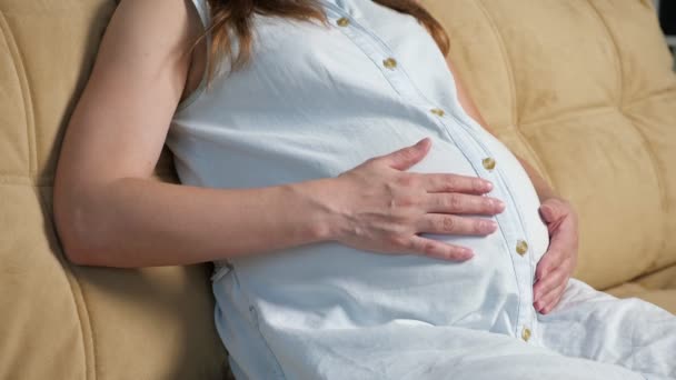 Mujer embarazada irreconocible acariciando el vientre — Vídeos de Stock
