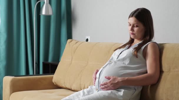 Jeune femme enceinte caressant le ventre tout en étant assis sur le canapé — Video