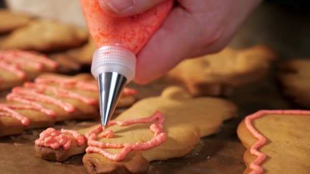 Close-up de mãos de mulher decorar biscoitos com cobertura rosa — Vídeo de Stock