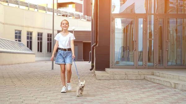 Adolescent fille promenades avec chiot en laisse sur cour trottoir — Photo