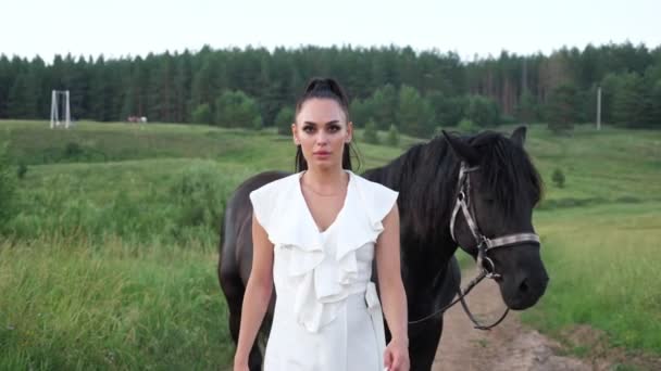 Young woman walks and black stallion with bridle follows — Stock Video