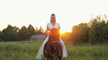 Profesyonel model çayır boyunca büyük bir aygır sürüyor.