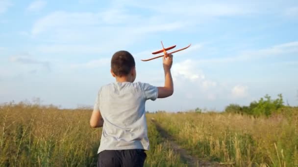 Unrecognizable boy runs across the field and plays with a small plane — ストック動画