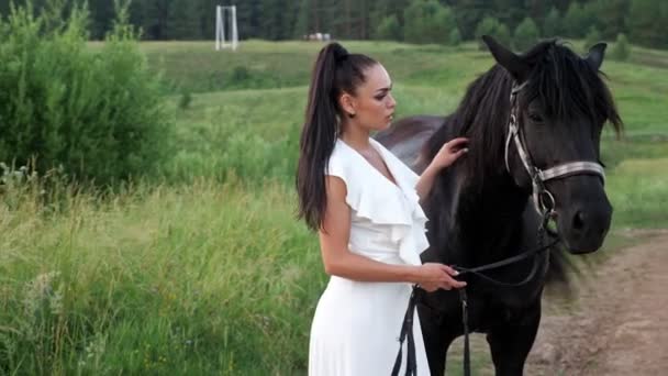 Junge Frau brünett mit Haaren in Pferdeschwanz Haustiere schwarz Pferd — Stockvideo