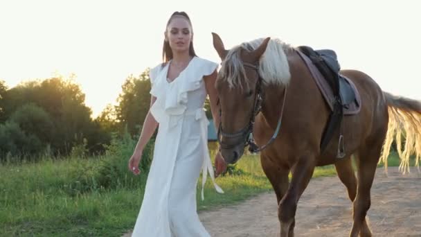 Signora bruna con i capelli lunghi in coda di cavallo vaga con il cavallo — Video Stock