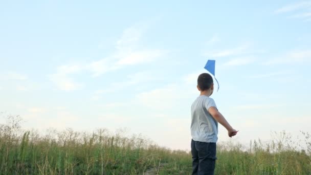 Ragazzo irriconoscibile che vola un aquilone blu nel cielo — Video Stock