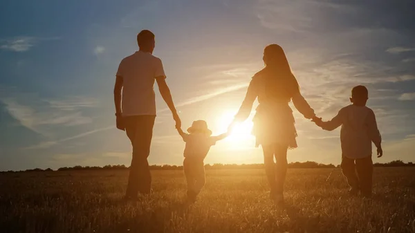 Семья с детьми прогулки по полям на заднем заходе солнца — стоковое фото