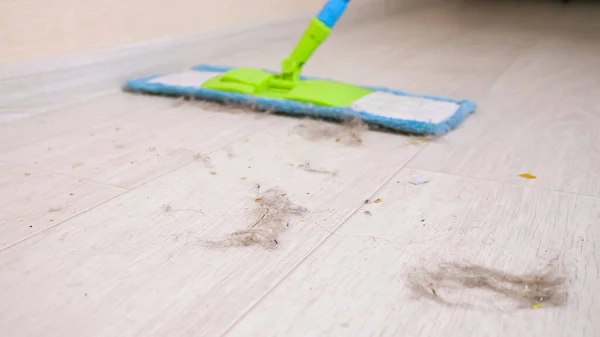 Limpieza de suelo de madera de pelo con fregona suave en la habitación de luz — Foto de Stock