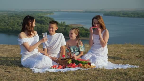 Anne ve mutlu çocuklar yeşil tepede piknik yaparlar. — Stok video