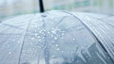 Yağmurda şeffaf bir şemsiyeye yakın çekim