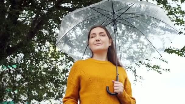 Yağmurlu soğuk havada, hardal kazaklı bir kadın şeffaf bir şemsiyenin altında duruyor. — Stok video